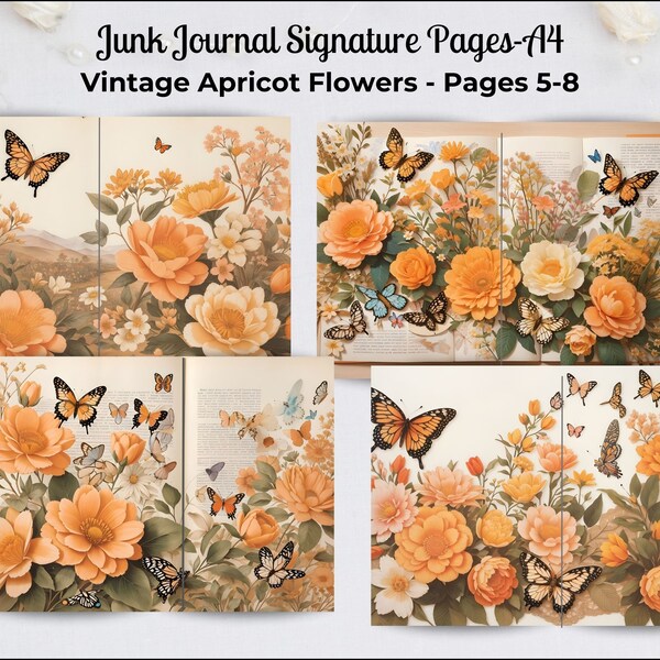 Junk Journal Printable Papers, Vintage Flower Pages, Scrapbooking, Collage, Butterflies on Vintage Paper, 40+ Tags Ephemera, Digital-Apricot