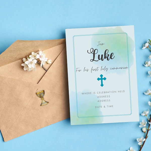 First Holy Communion Invite-Boy or Girl-5x7 Port-3 Cards-Blue Green Turquoise Cross-All Text Fonts, Colors, Images-Editable and Customizable