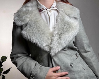 70s Grey Faux Fur Collar Coat