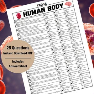 Puede incluir: Un juego de preguntas y respuestas imprimible sobre el cuerpo humano con 25 preguntas y una hoja de respuestas. El juego está diseñado para descargarse como PDF. La imagen muestra un primer plano de la hoja del juego con un glóbulo rojo en el fondo.