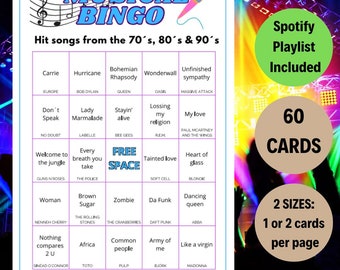 Bingo de Canciones Musicales, Juego de Bingo, Fichas de Bingo Musical, Juego de Bingo Musical, Bingo de los 90, Música de los 70, Música de los 80, Música de los 90, Canciones de la década