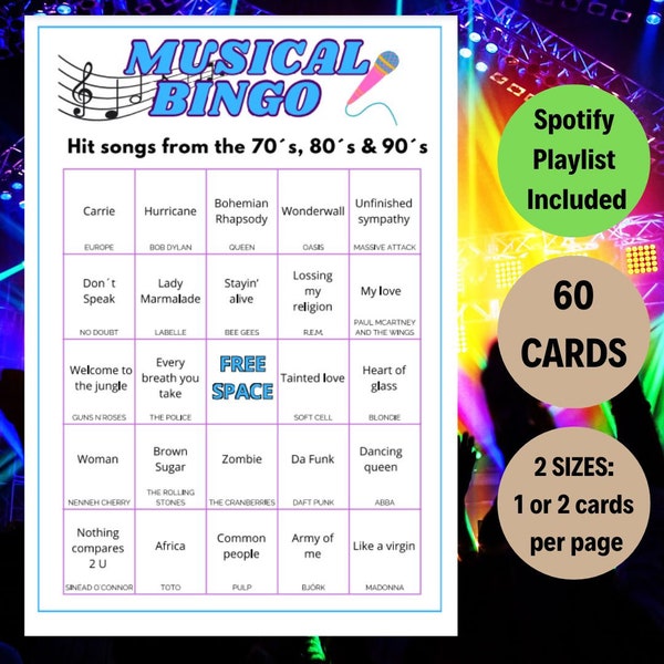 Musical Song Bingo, Bingo Game, Musical Bingo Sheets, Musical Bingo Game, 90s Bingo, 70s Music, 80s Music, 90s Music, Songs of the decade