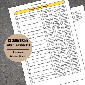 Op de afbeelding: Een afdrukbare PDF-gids getiteld "Introvert, Extravert of Ambivert?" met 12 vragen om het persoonlijkheidstype te bepalen. Inclusief een antwoordblad. Het document is wit met zwarte tekst en een bruine cirkel.