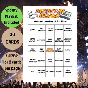 I più grandi artisti di tutti i tempi Bingo, Gioco del Bingo musicale, Carte del Bingo, Bingo musicale, Musica degli anni '90, Gioco del Bingo, Serata di giochi in famiglia, Gioco musicale