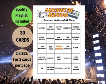 Greatest Artists Music Bingo Game: Family Game Night (PDF Download)