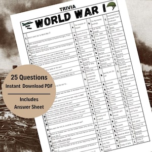 Puede incluir: Un juego de preguntas y respuestas imprimible en blanco y negro sobre la Primera Guerra Mundial. El juego tiene 25 preguntas y una hoja de respuestas. El título del juego es "World War I Trivia".