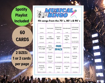 Musical Song Bingo Game: 70s, 80s, 90s Music (PDF Download)