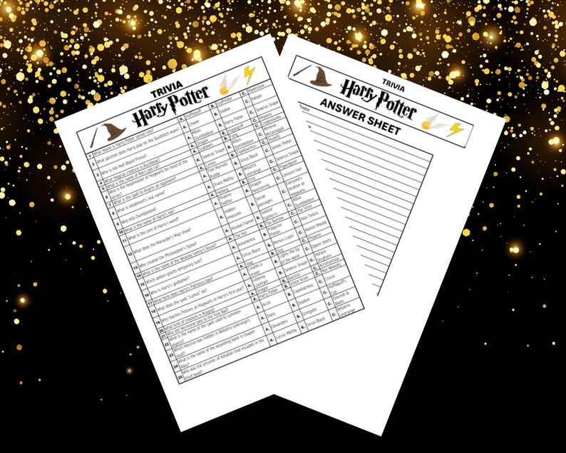 Puede incluir: Un juego de preguntas y respuestas de Harry Potter imprimible en blanco y negro con 40 preguntas y una hoja de respuestas. El juego presenta un sombrero de mago, un rayo y las palabras "Trivia Harry Potter".