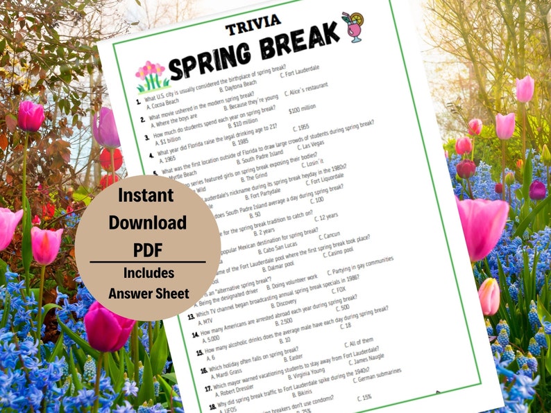Spring Break Trivia Game Spring Break Trivia Printable Game Funny Game