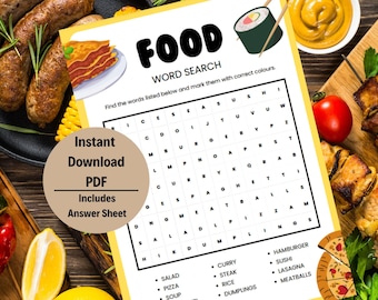 Easy Food Word Search Puzzle Game (Printable PDF)