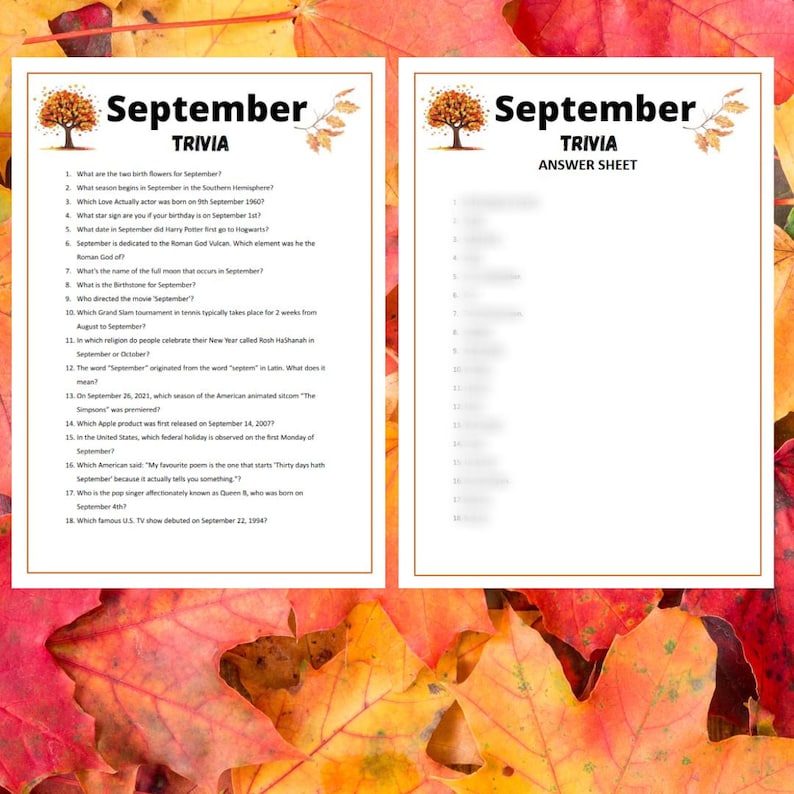 September Trivia Game | September Trivia Printable Game | Month Trivia ...