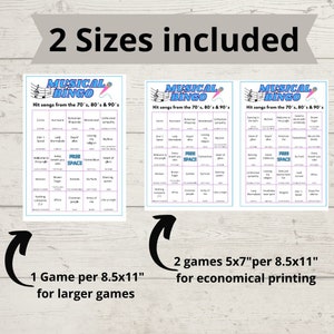 以下が含まれることがあります： 音楽ビンゴゲーム用の印刷可能なビンゴカードのデザインが2つ。カードはピンクとブルーのカラーリングで、「Musical Bingo」というタイトルと、70年代、80年代、90年代のヒット曲のリストが載っています。大きなカードは8.5インチ&times;11インチ、小さなカードは5インチ&times;7インチです。
