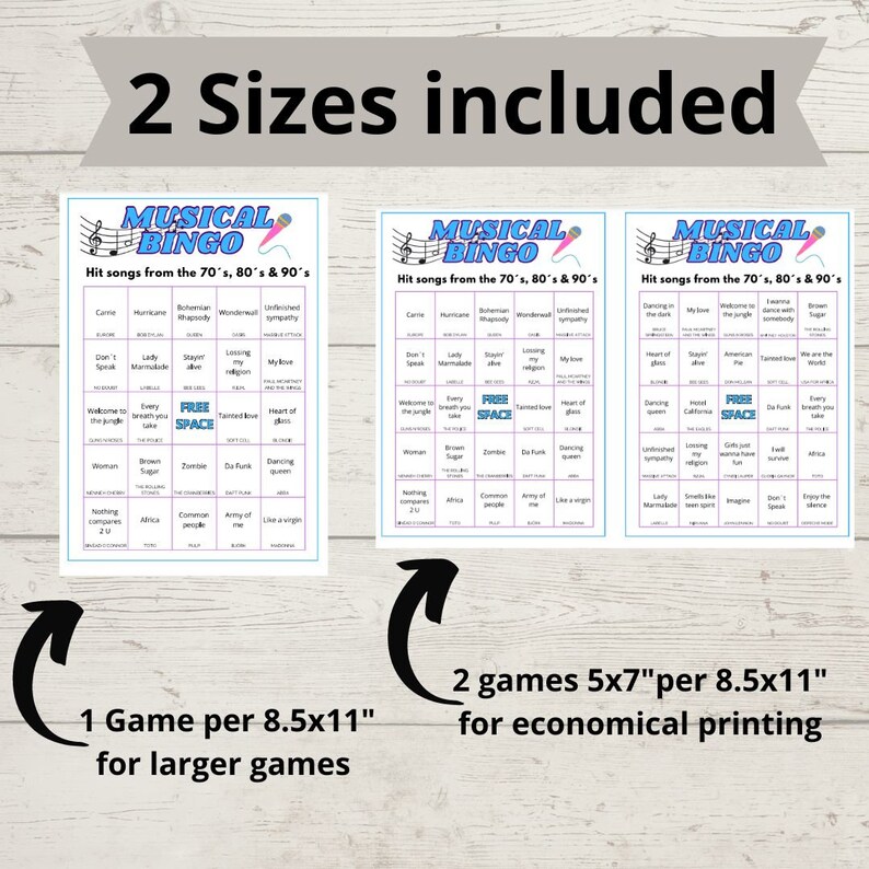 以下が含まれることがあります： 音楽ビンゴゲーム用の印刷可能なビンゴカードのデザインが2つ。カードはピンクとブルーのカラーリングで、「Musical Bingo」というタイトルと、70年代、80年代、90年代のヒット曲のリストが載っています。大きなカードは8.5インチ&times;11インチ、小さなカードは5インチ&times;7インチです。