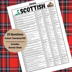 Pode incluir: Um jogo de perguntas e respostas imprimível sobre a Escócia com 25 perguntas e uma folha de respostas. O jogo apresenta um kilt escocês e o texto "Trivia Scottish".