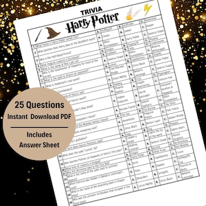 May include: A printable Harry Potter trivia game with 25 questions and an answer sheet. The game features a black and white design with a yellow lightning bolt and a black and white illustration of a wizard's hat.