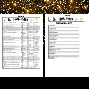 Puede incluir: Un juego de preguntas y respuestas de Harry Potter imprimible en blanco y negro con 30 preguntas y una hoja de respuestas. El juego presenta una varita m&aacute;gica, un sombrero de bruja y un rayo.