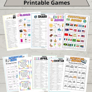May include: A set of printable bingo cards with various themes, including Easter, countries, musical bingo, trivia, and slumber party. The cards feature colorful illustrations and text.