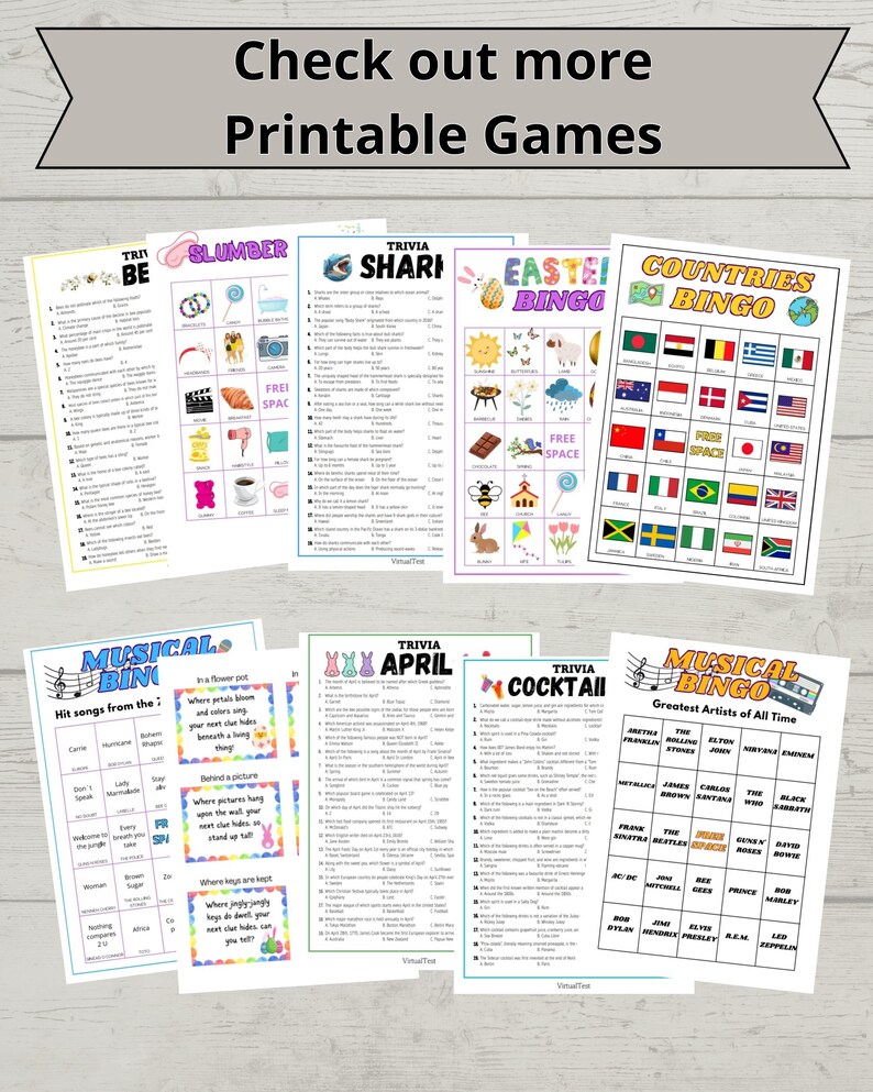 May include: A set of printable bingo cards with various themes, including Easter, countries, musical bingo, trivia, and slumber party. The cards feature colorful illustrations and text.