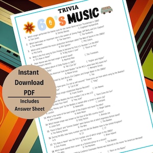 60s Music Trivia, Music Trivia, Decades Trivia, Game Night, 1960 Music, Printable Trivia, Trivia Game, Family Game Night, Music Trivia Games