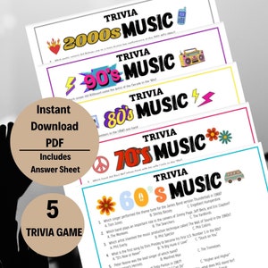 May include: A stack of five trivia game sheets with the titles: 2000s Music, 90s Music, 80s Music, 70s Music, and 60s Music. Each sheet has trivia questions and answers. The image also includes a graphic that says "Instant Download PDF Includes Answer Sheet".