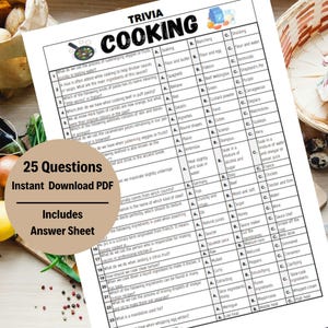 以下が含まれることがあります： 25の質問と解答シート付きの印刷可能な料理に関するクイズゲーム。ゲームのタイトルは「Trivia Cooking」で、白地に黒文字で書かれています。多肢選択式の質問は、さまざまな料理のトピックを網羅しています。