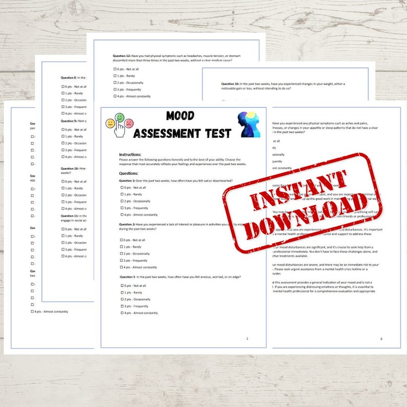 May include: A printable mood assessment test with a red stamp that says "Instant Download". The test includes questions about physical symptoms, lack of interest, and feelings of anxiety or worry.