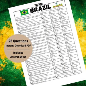 Afdrukbare trivia-game Brazilië: leuke quizvellen voor familie en feesten, educatief en onderhoudend, direct downloaden