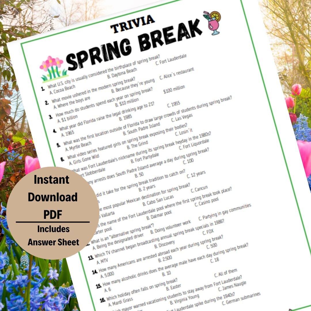 Spring Break Trivia Game Spring Break Trivia Printable Game Funny Game