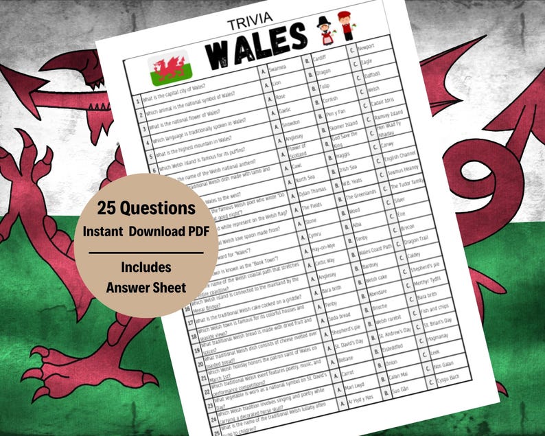 Wales Trivia Game – 25 Questions Printable Quiz – Welsh Culture ...