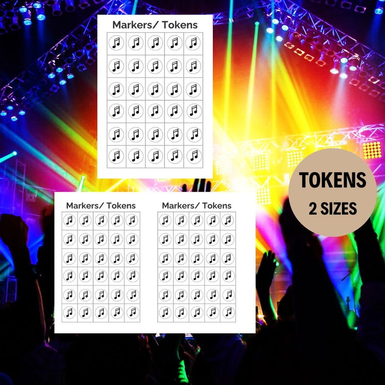 以下が含まれることがあります： 音楽ノートトークンの印刷可能なシートが3枚。各シートには、グリッドパターンで36個の白黒の音楽ノートトークンがあります。各シートの上部には「Markers/Tokens」というテキストがあります。画像の下部には円の中に「TOKENS 2 SIZES」というテキストがあります。