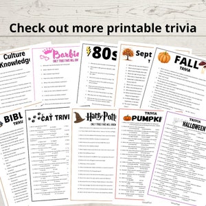 Puede incluir: Una colecci&oacute;n de tarjetas de trivia imprimibles con varios temas, que incluyen cultura, Barbie, los a&ntilde;os 80, septiembre, oto&ntilde;o, la Biblia, los gatos, Harry Potter, calabazas y Halloween. Las tarjetas est&aacute;n impresas en papel blanco con texto negro e ilustraciones coloridas.