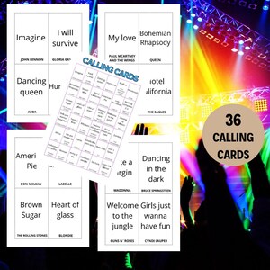 以下が含まれることがあります： 36枚の呼びかけカード。曲名と作曲家の名前が書かれています。カードはカラフルな背景にグリッド状に配置されています。このカードは、ジェスチャーゲームや楽しいパーティーゲームに最適です。