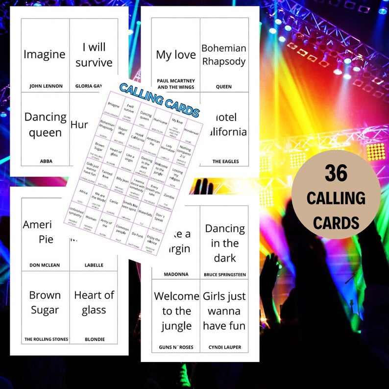 以下が含まれることがあります： 36枚の呼びかけカード。曲名と作曲家の名前が書かれています。カードはカラフルな背景にグリッド状に配置されています。このカードは、ジェスチャーゲームや楽しいパーティーゲームに最適です。