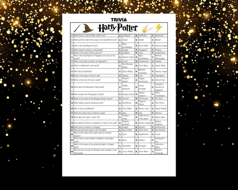 Puede incluir: Un juego de preguntas y respuestas de Harry Potter imprimible en blanco y negro con 30 preguntas. Las preguntas son sobre los personajes, los hechizos y las ubicaciones de los libros de Harry Potter. El juego es perfecto para los fan&aacute;ticos de la serie.