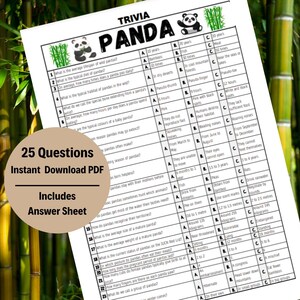 May include: A black and white printable trivia game about pandas with 25 questions and an answer sheet. The title of the game is "Trivia Panda".