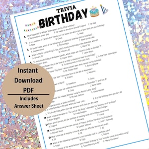May include: A printable trivia game with a colorful background and a birthday cake graphic. The game is titled "Trivia Birthday" and includes questions about birthdays, such as "What happened to William Shakespeare on his 52nd birthday?" and "What is the age of majority in the UK when you officially become an adult?"