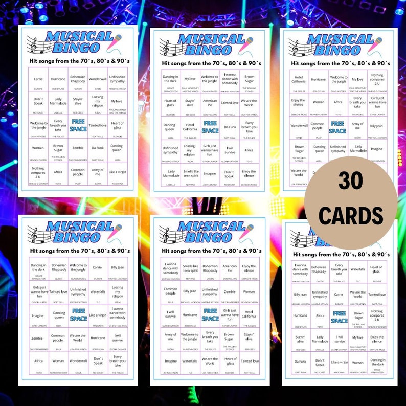 以下が含まれることがあります： 音楽をテーマにしたビンゴカードが30枚。各カードには、1970年代、1980年代、1990年代のヒット曲の名前が書かれた25個のマスがあります。カードは、音楽ビンゴゲーム用に設計されています。