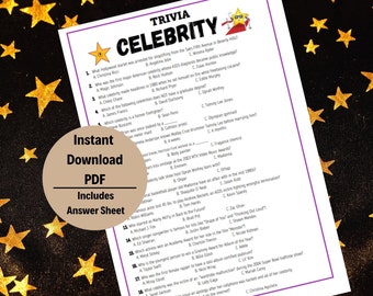 Puede incluir: Un juego de preguntas y respuestas imprimible con una estrella dorada y una alfombra roja. El juego se titula "Celebrity Trivia" y presenta preguntas sobre personas famosas. El juego incluye una hoja de respuestas.