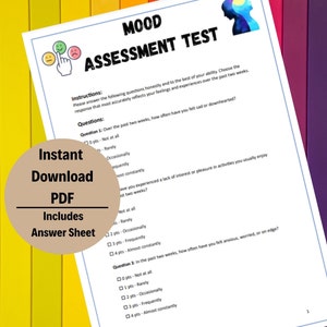 Può includere: Un test di valutazione dell'umore stampabile con un'illustrazione di cartone animato di una testa di persona. Il test include domande sui sentimenti di tristezza, mancanza di interesse e ansia nelle ultime due settimane. Il test ha una scala da 0 a 4 punti per ogni domanda.