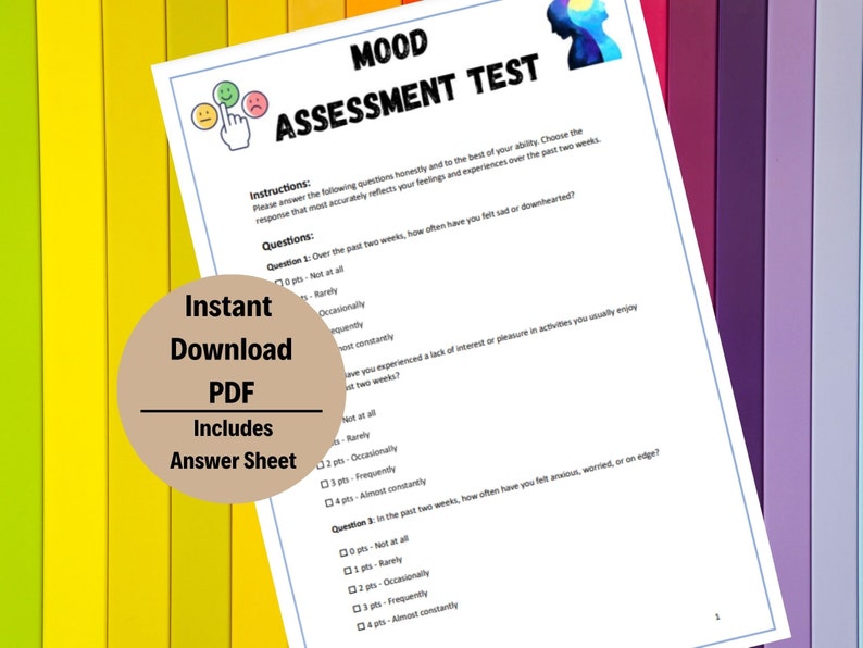 May include: A printable mood assessment test with a cartoon illustration of a person's head. The test includes questions about feelings of sadness, lack of interest, and anxiety over the past two weeks. The test has a scale of 0 to 4 points for each question.