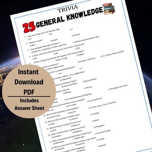 25 General Knowledge Trivia | Trivia Games | Pub Trivia Printable | Printable Games | Printable General Trivia | General Knowledge Quiz
