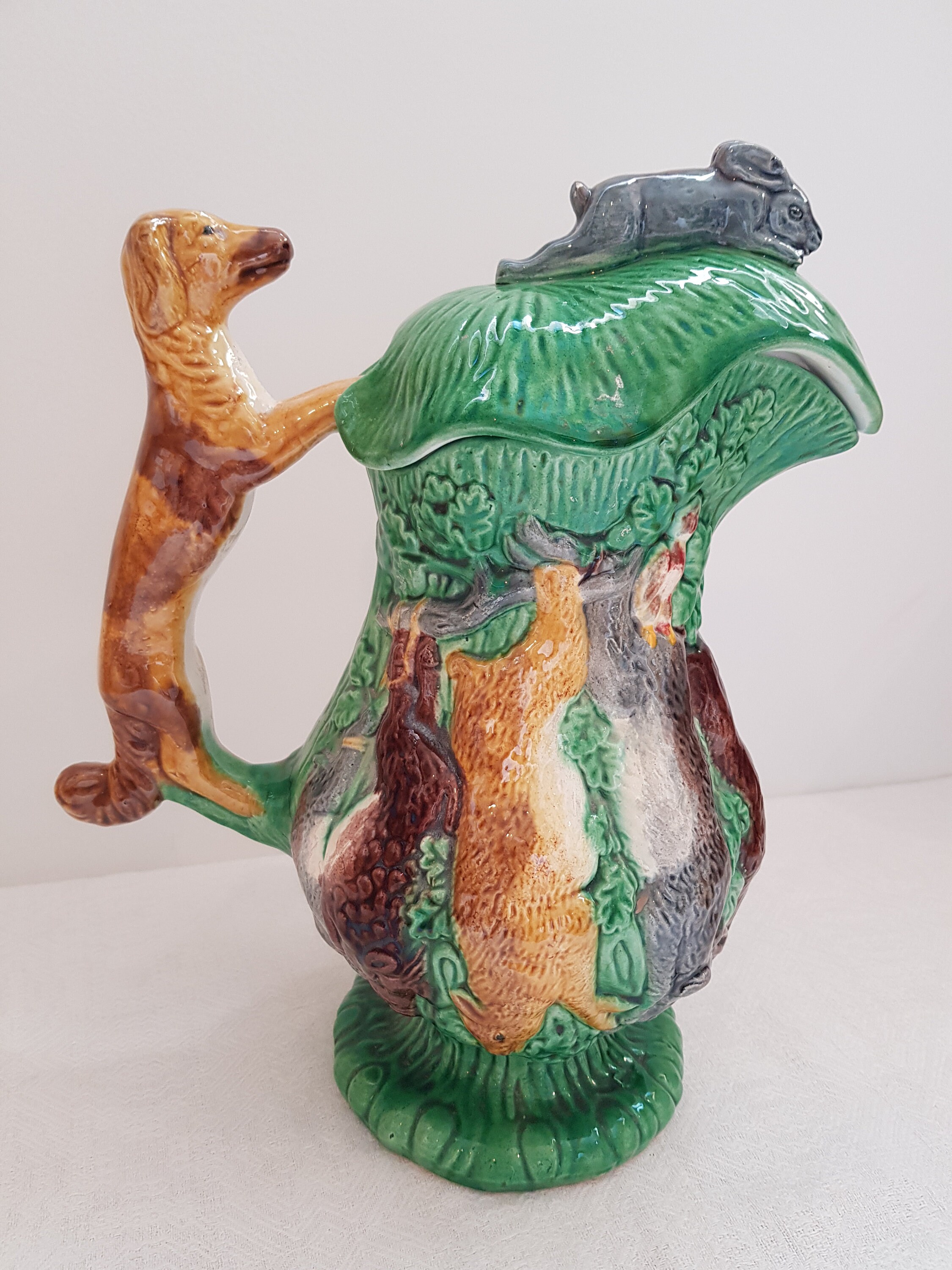 Majolica Pitcher Jug With Lid Hunt Theme Dog and Rabbit Old Etsy