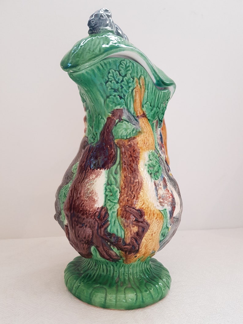 Majolica Pitcher Jug With Lid Hunt Theme Dog and Rabbit Old Etsy