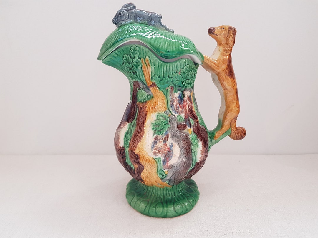 Majolica Pitcher Jug With Lid Hunt Theme Dog and Rabbit Old Antic