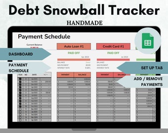 Może przedstawiać: Szablon arkusza kalkulacyjnego Google do śledzenia spłaty długów metodą kuli śnieżnej. Arkusz kalkulacyjny nosi tytuł "Debt Snowball Tracker" i jest oznaczony jako "Handmade". Arkusz kalkulacyjny zawiera harmonogram płatności, pulpit nawigacyjny i zakładkę konfiguracji. Harmonogram płatności zawiera kolumny dla zaznaczenia, numeru, daty, plus lub minus, płatności, salda i płatności. Pulpit nawigacyjny zawiera kolumny dla bieżącego salda, pożyczki samochodowej nr 1, karty kredytowej nr 1 i zakładki konfiguracji. Zakładka konfiguracji zawiera kolumny do dodawania/usuwania płatności. Arkusz kalkulacyjny został zaprojektowany, aby pomóc użytkownikom w śledzeniu spłat długów i stworzeniu planu spłaty długów.