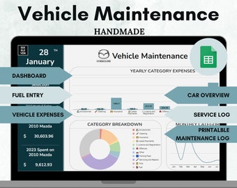 May include: A laptop screen displaying a spreadsheet for vehicle maintenance. The spreadsheet includes a dashboard, fuel entry, vehicle expenses, and a category breakdown. The spreadsheet is titled "Vehicle Maintenance" and is labeled "Handmade".