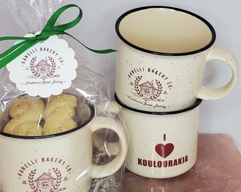 Koulourakia + Coffee Mug | Campfire Ceramic Cup 15 oz "I Love Koulourakia" | Greek Butter Cookies | Christmas Office Party Exchange Gift