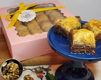 Greek Walnut Baklava Gift Box 2 lbs. 8 oz | Golden Crispy Phyllo Dough | Mediterranean Syrup Pastry | Easter Holiday Anniversary Dessert