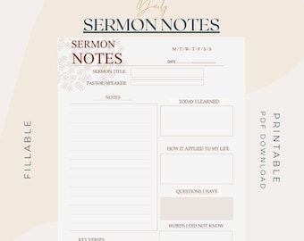 Sermon Notes Printable | Church Notes Journal | Sermon Notes | Bible Study | Christian Faith Journal |