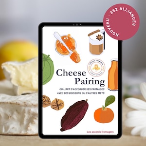 Könnte beinhalten: Ein Tablet zeigt ein Buchcover mit dem Titel "Cheese Pairing" mit Illustrationen von Speisen und Getränken. Ein roter Kreis mit dem Wort "NEU" befindet sich in der oberen rechten Ecke. Das Buchcover zeigt Illustrationen von Käse, Obst und Getränken.